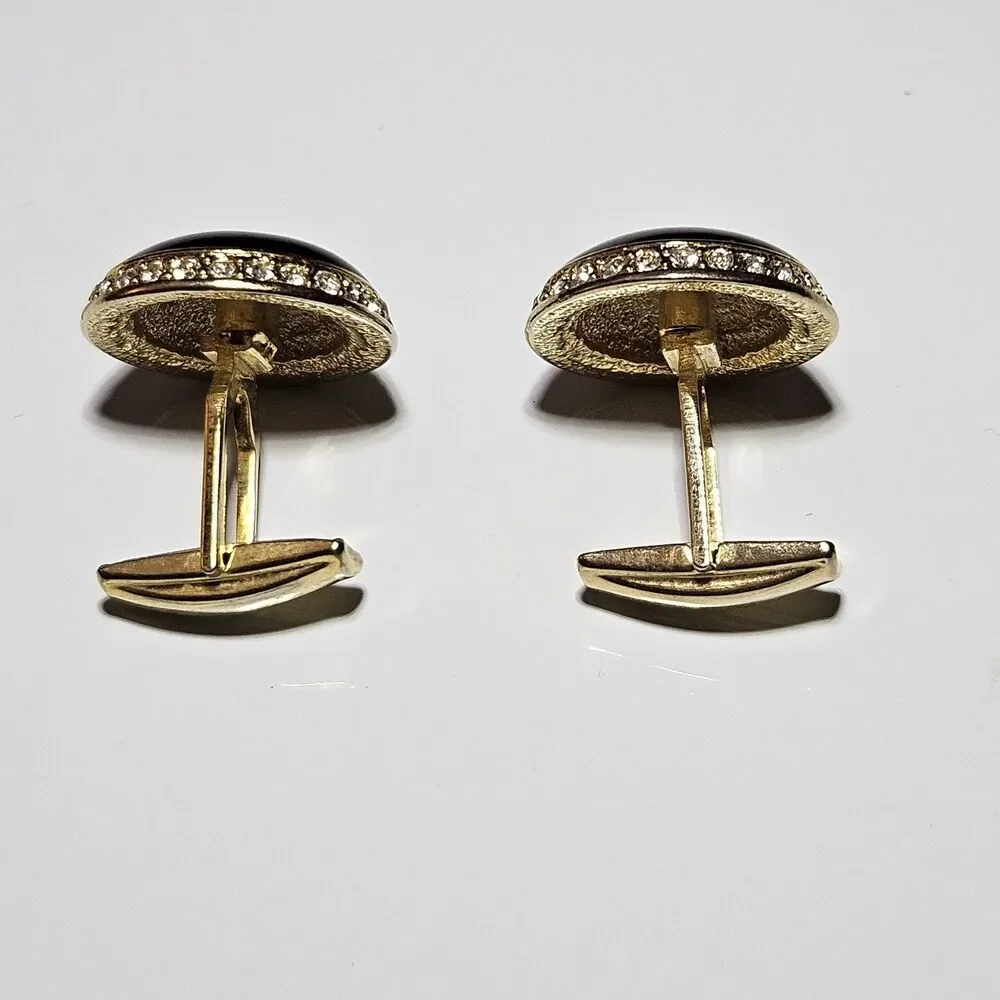 Vtg Gold Tone Cufflinks Black Carbochon Circle Stone Clear Rhinestone Accents